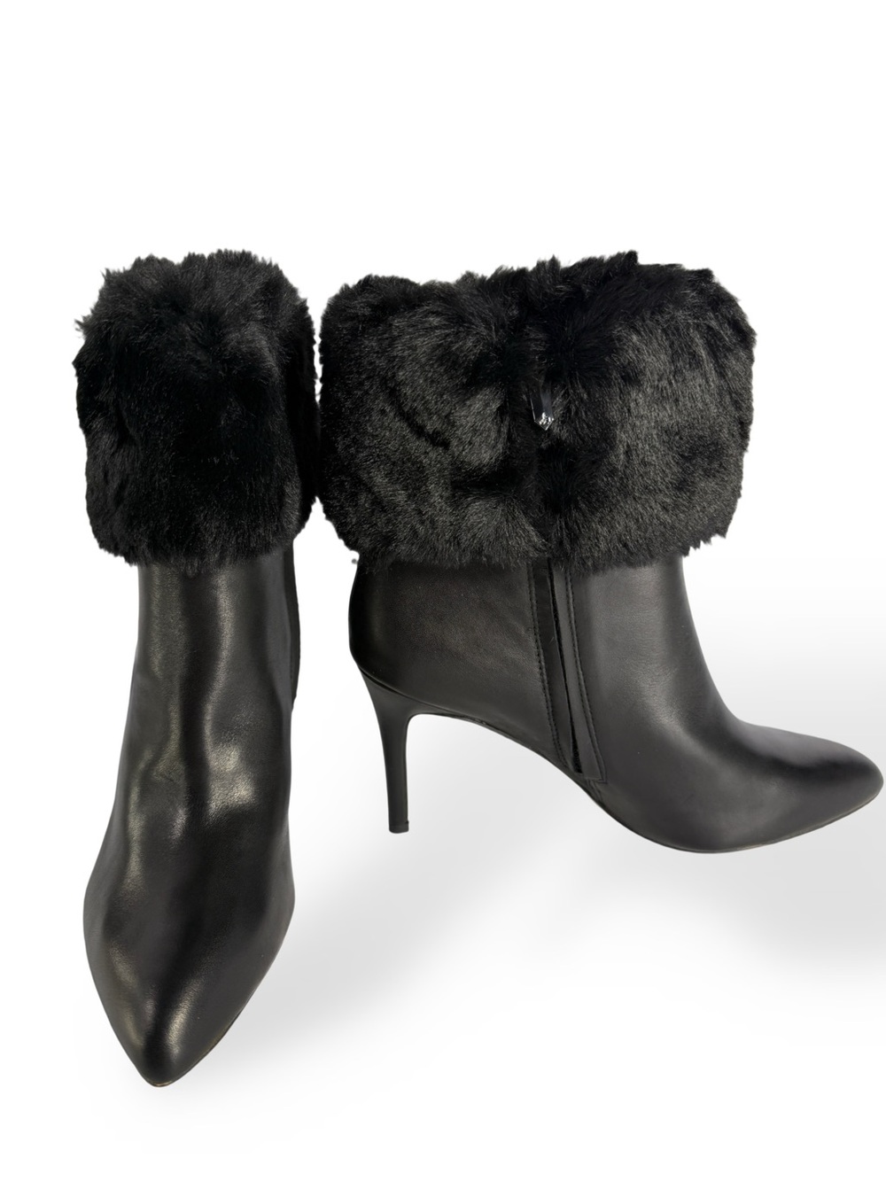 Sam Edelman Black Faux Fur Cuff Pointed Toe Stiletto Ankle Boots